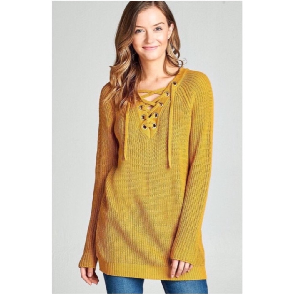 Active USA Mustard Lace-Up V-Neck Sweater